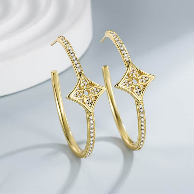 Copper Base Full Crystal Four-Leaf Clover Hoop Earrings