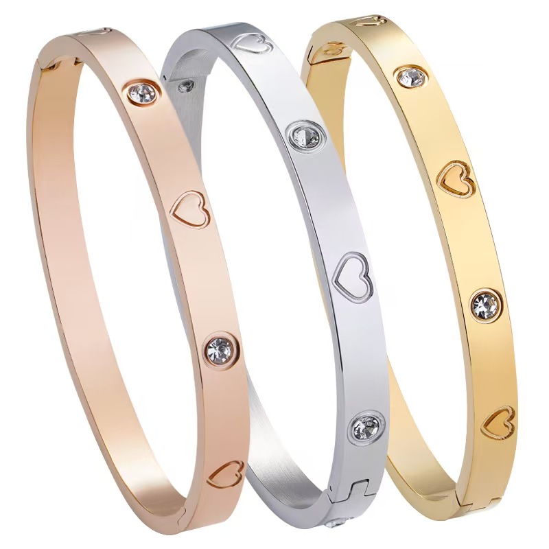 Light Luxury Spaced Heart Diamond-Accented Titanium Steel Open Bangle