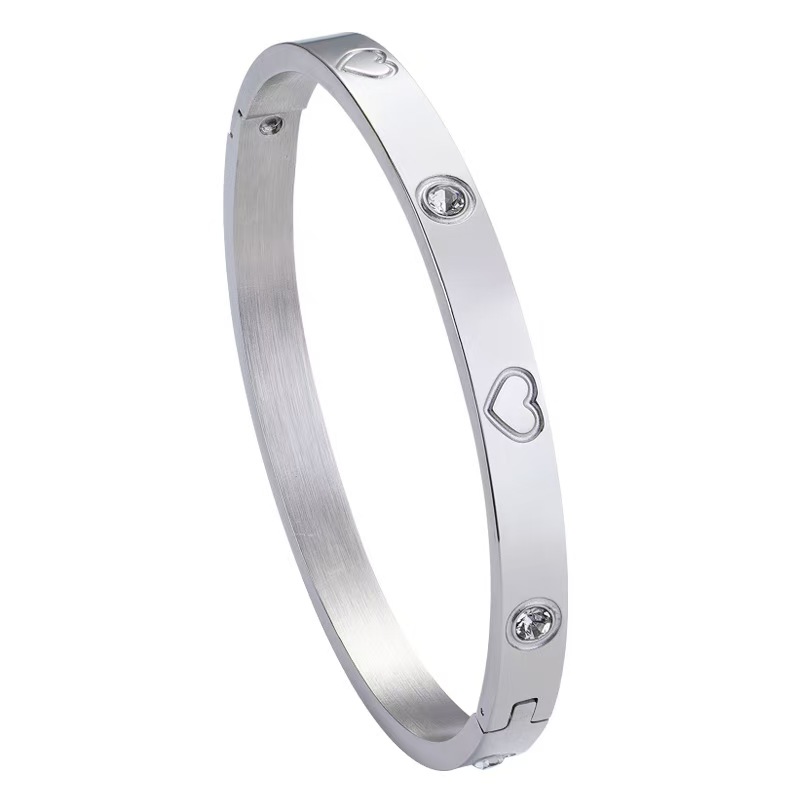 Light Luxury Spaced Heart Diamond-Accented Titanium Steel Open Bangle