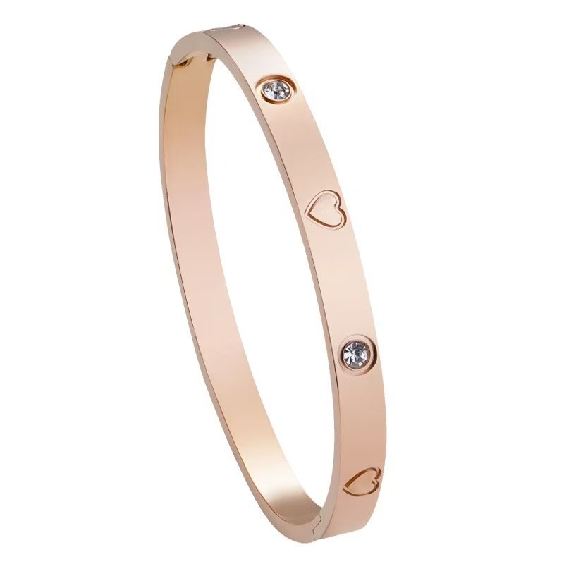 Light Luxury Spaced Heart Diamond-Accented Titanium Steel Open Bangle