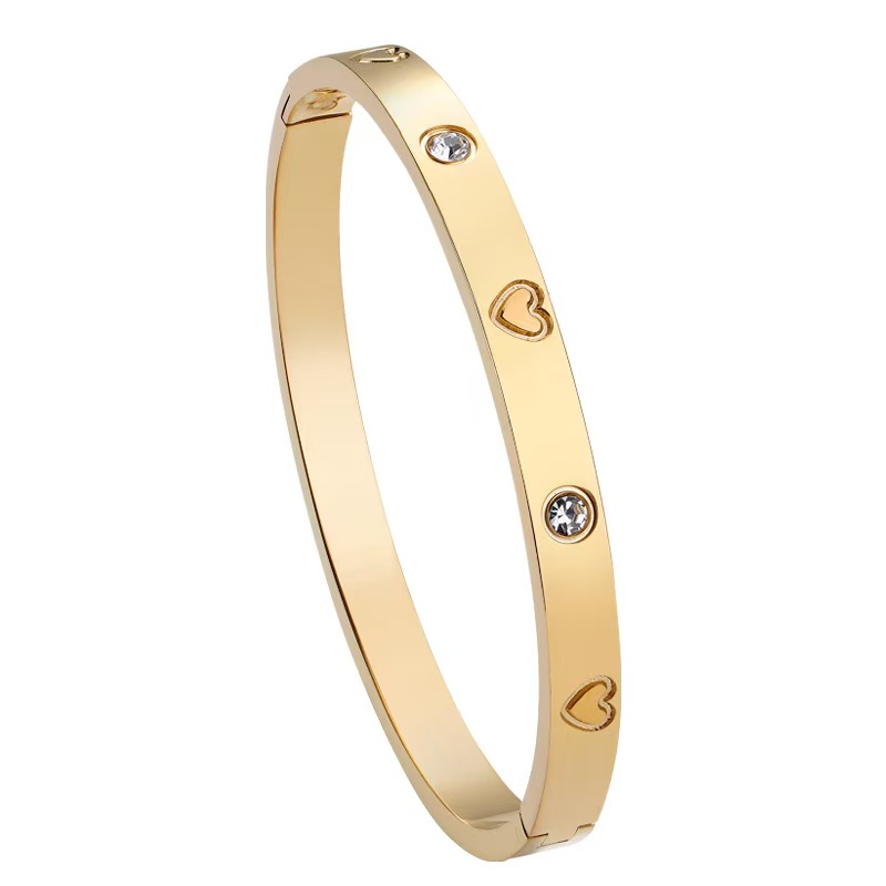 Light Luxury Spaced Heart Diamond-Accented Titanium Steel Open Bangle