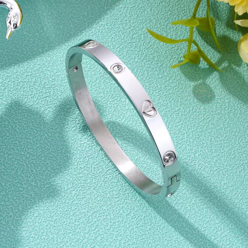 Light Luxury Spaced Heart Diamond-Accented Titanium Steel Open Bangle