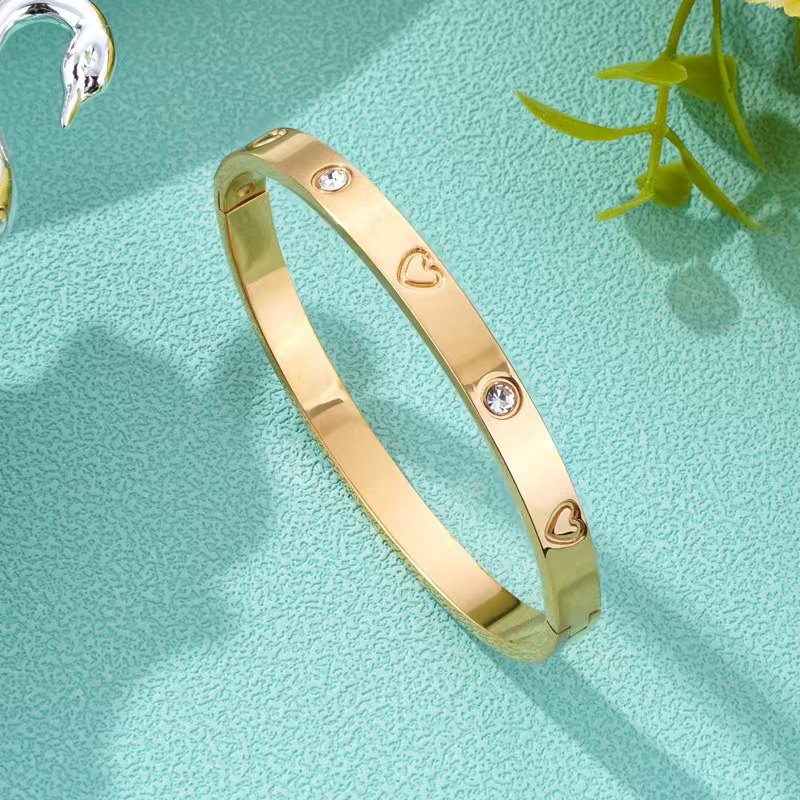 Light Luxury Spaced Heart Diamond-Accented Titanium Steel Open Bangle