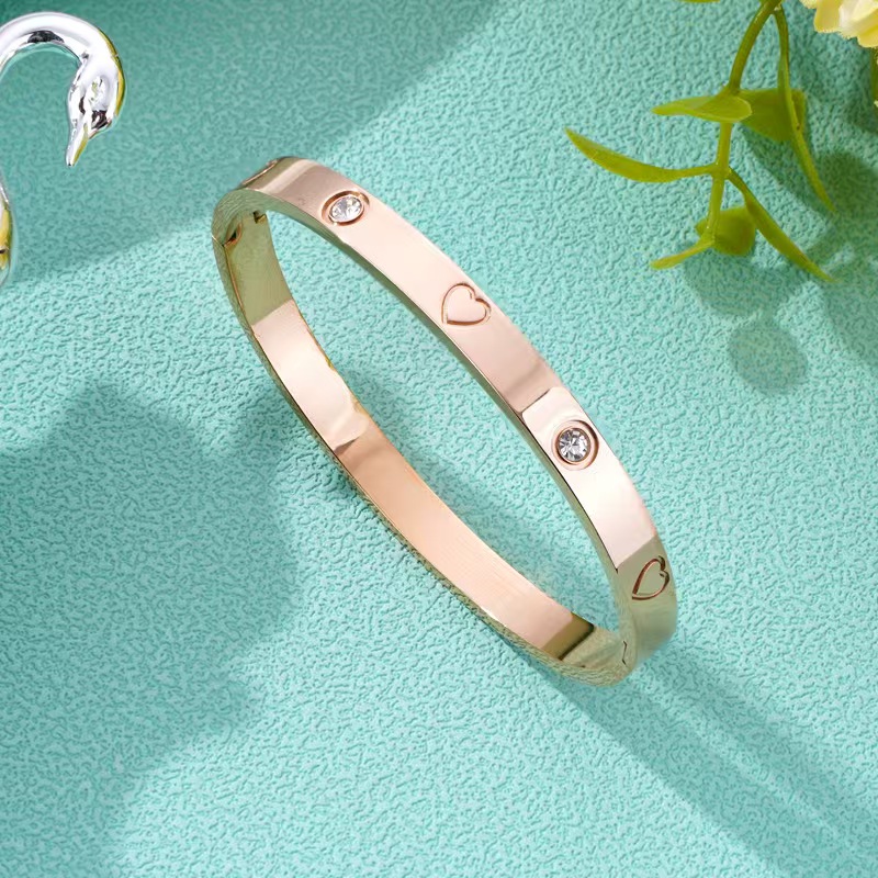 Light Luxury Spaced Heart Diamond-Accented Titanium Steel Open Bangle