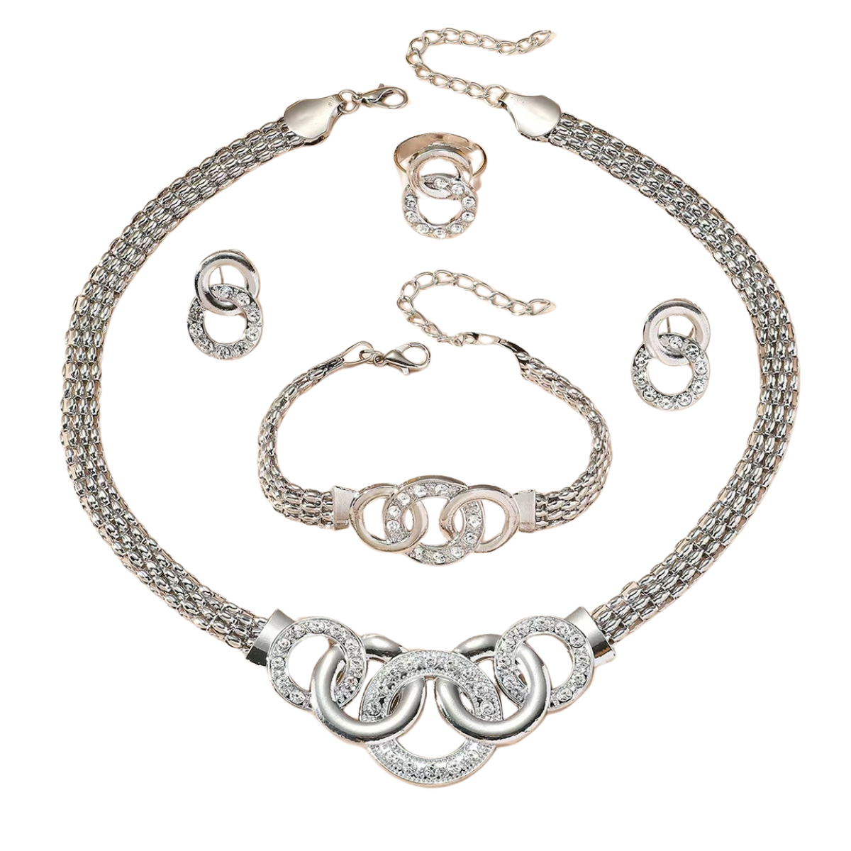  4pcs rhinestones necklaces bracelet earrings ring set