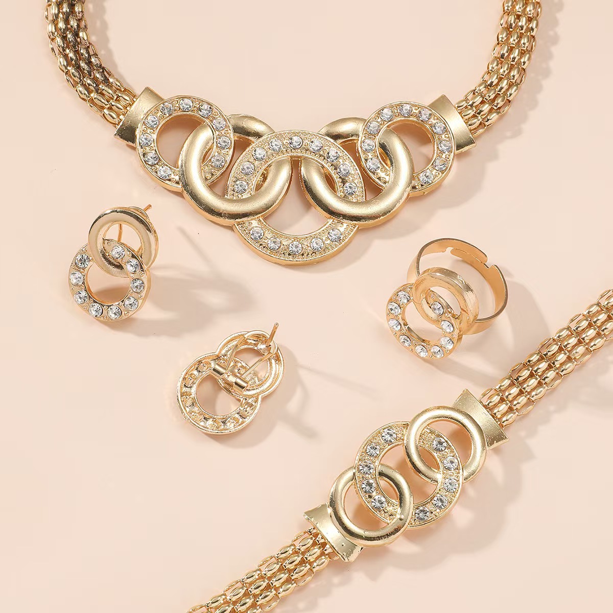  4pcs rhinestones necklaces bracelet earrings ring set