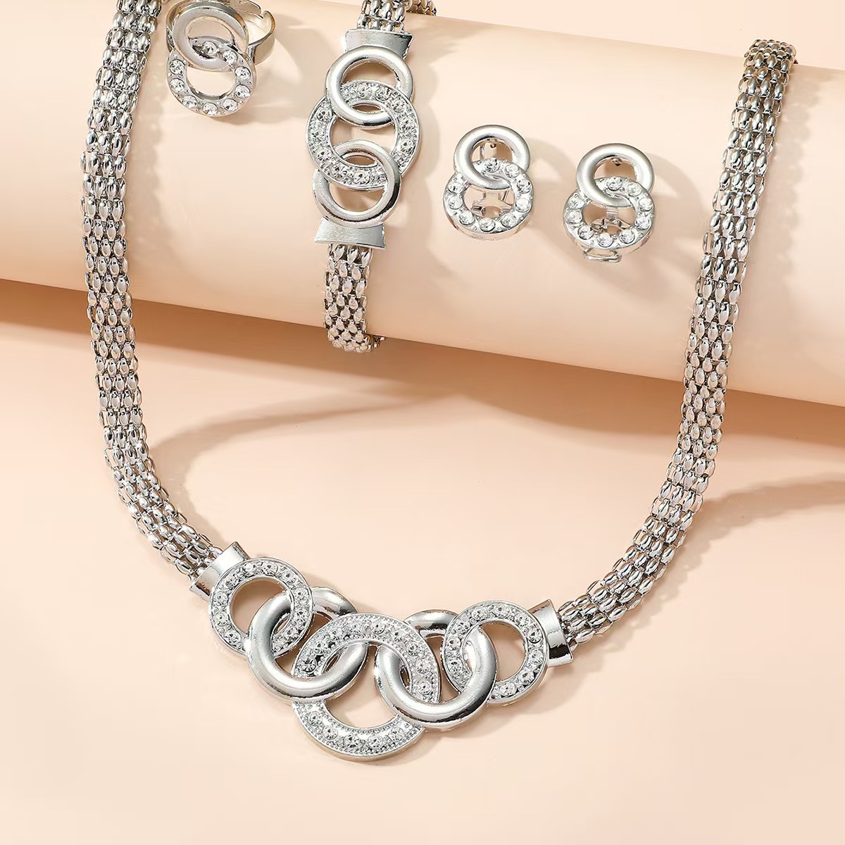  4pcs rhinestones necklaces bracelet earrings ring set