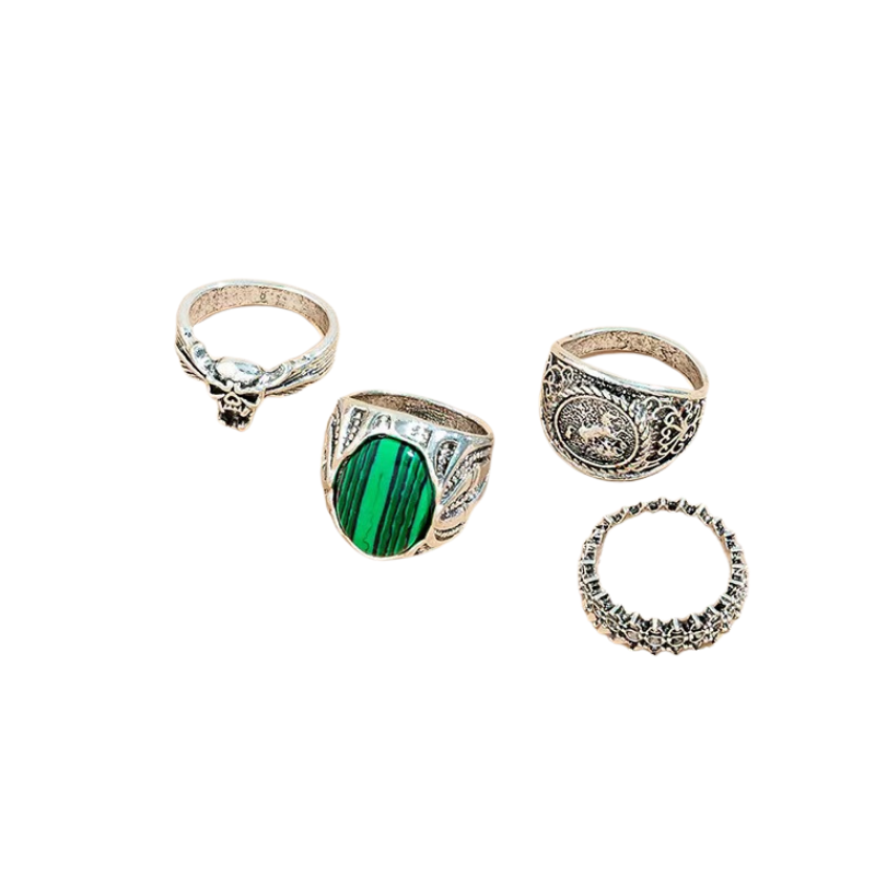 4 Pcs Set Vintage Oval Faux Malachite Rings
