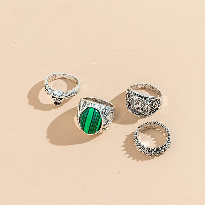 4 Pcs Set Vintage Oval Faux Malachite Rings