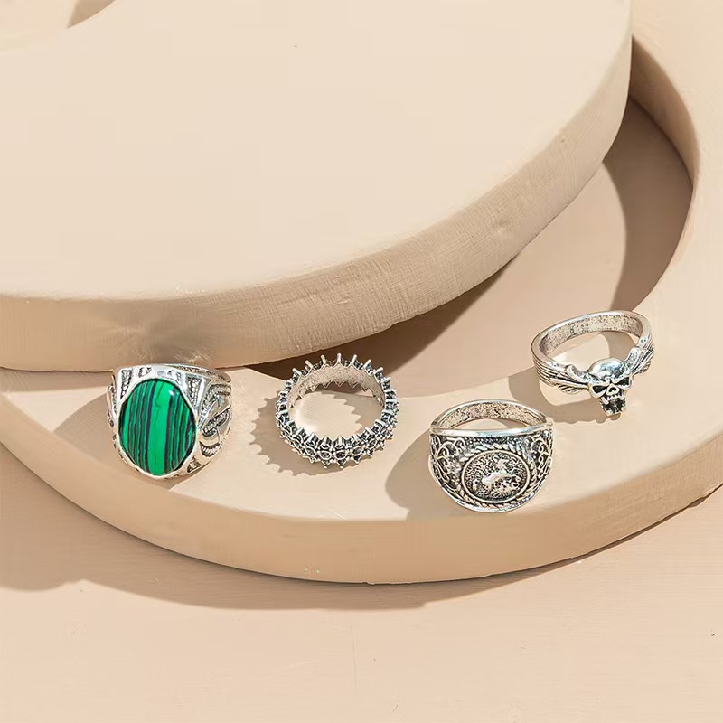 4 Pcs Set Vintage Oval Faux Malachite Rings