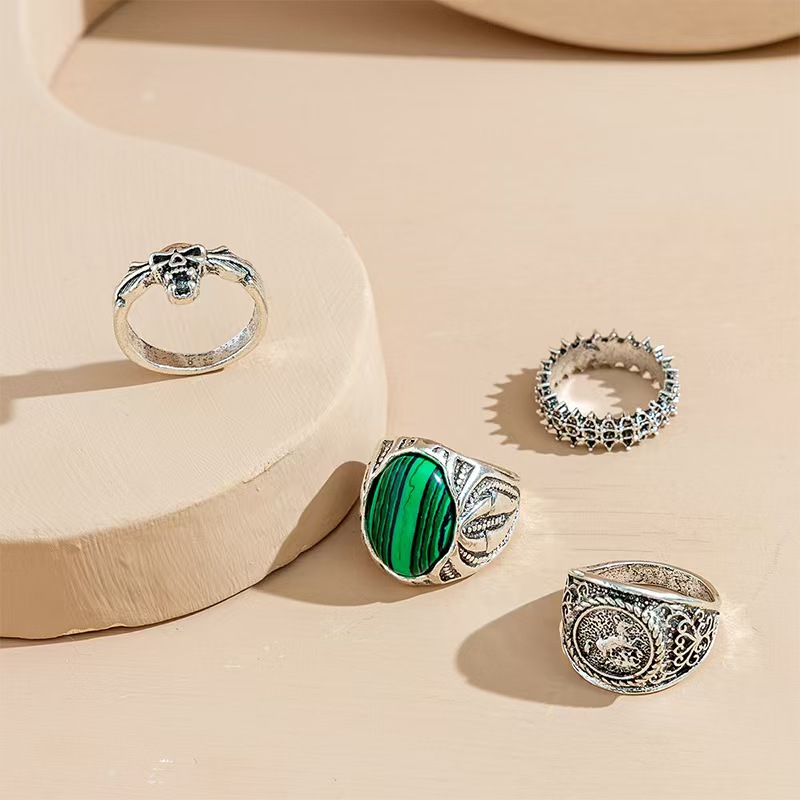 4 Pcs Set Vintage Oval Faux Malachite Rings