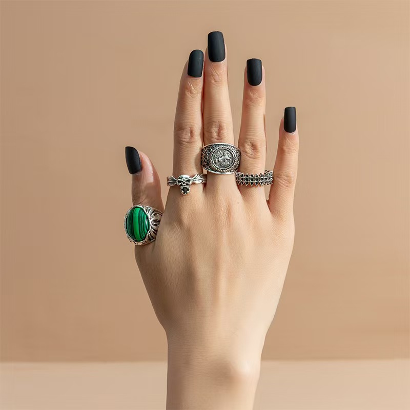 4 Pcs Set Vintage Oval Faux Malachite Rings