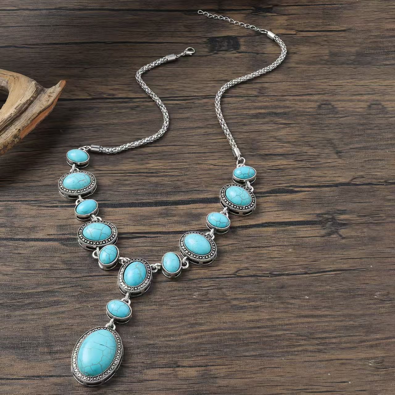 Vintage Turquoise Pendant  Carved Necklace