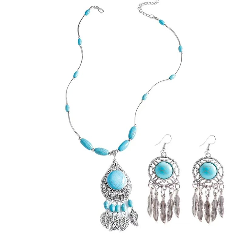 Vintage Bohemia Turquoise Necklace Earrings Set