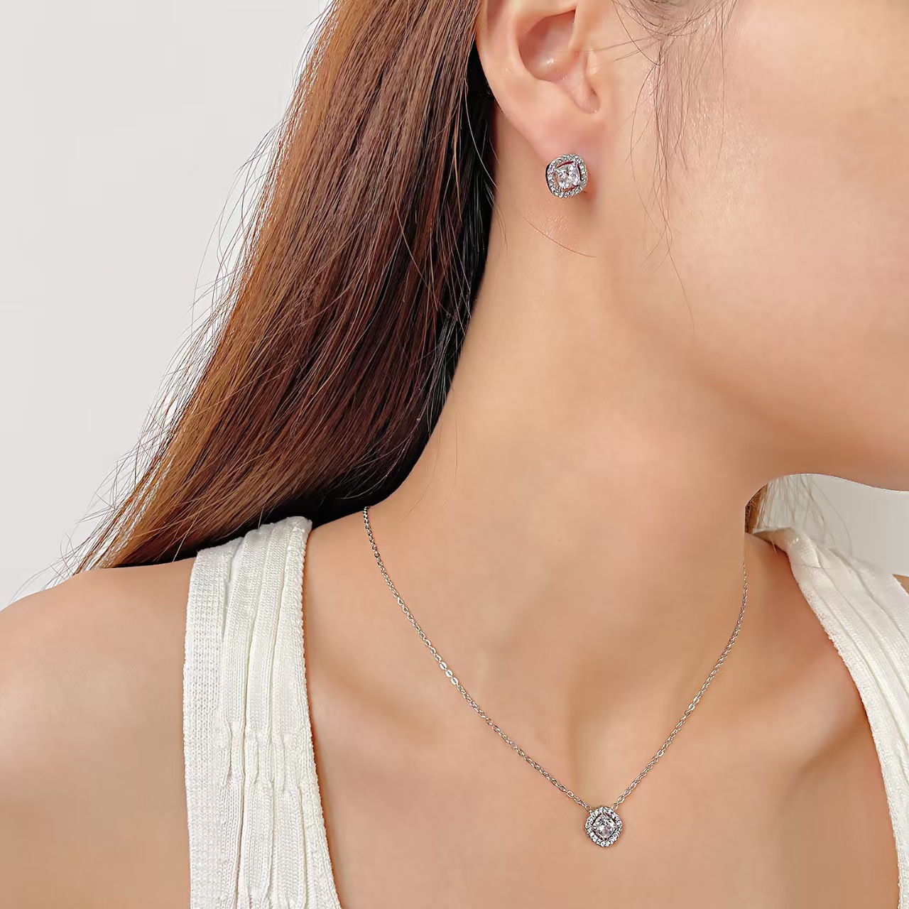 Zircon Crystal Stainless Steel Earrings Necklace Set