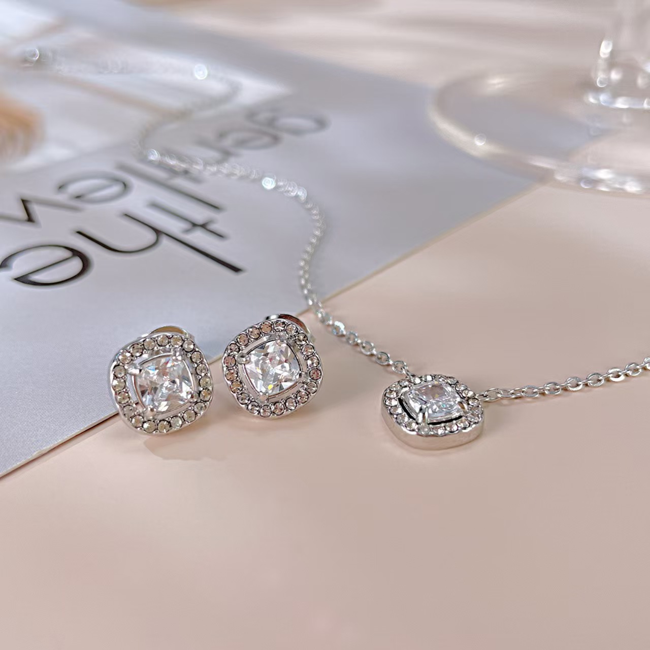 Zircon Crystal Stainless Steel Earrings Necklace Set