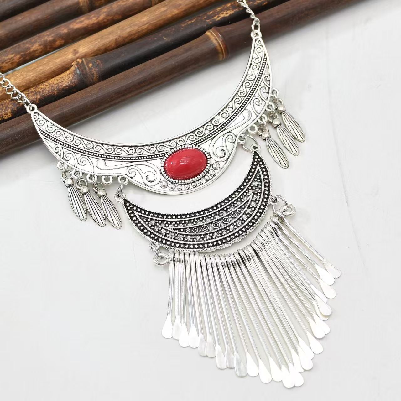 Bohemian Alloy Moon Tassel Necklace