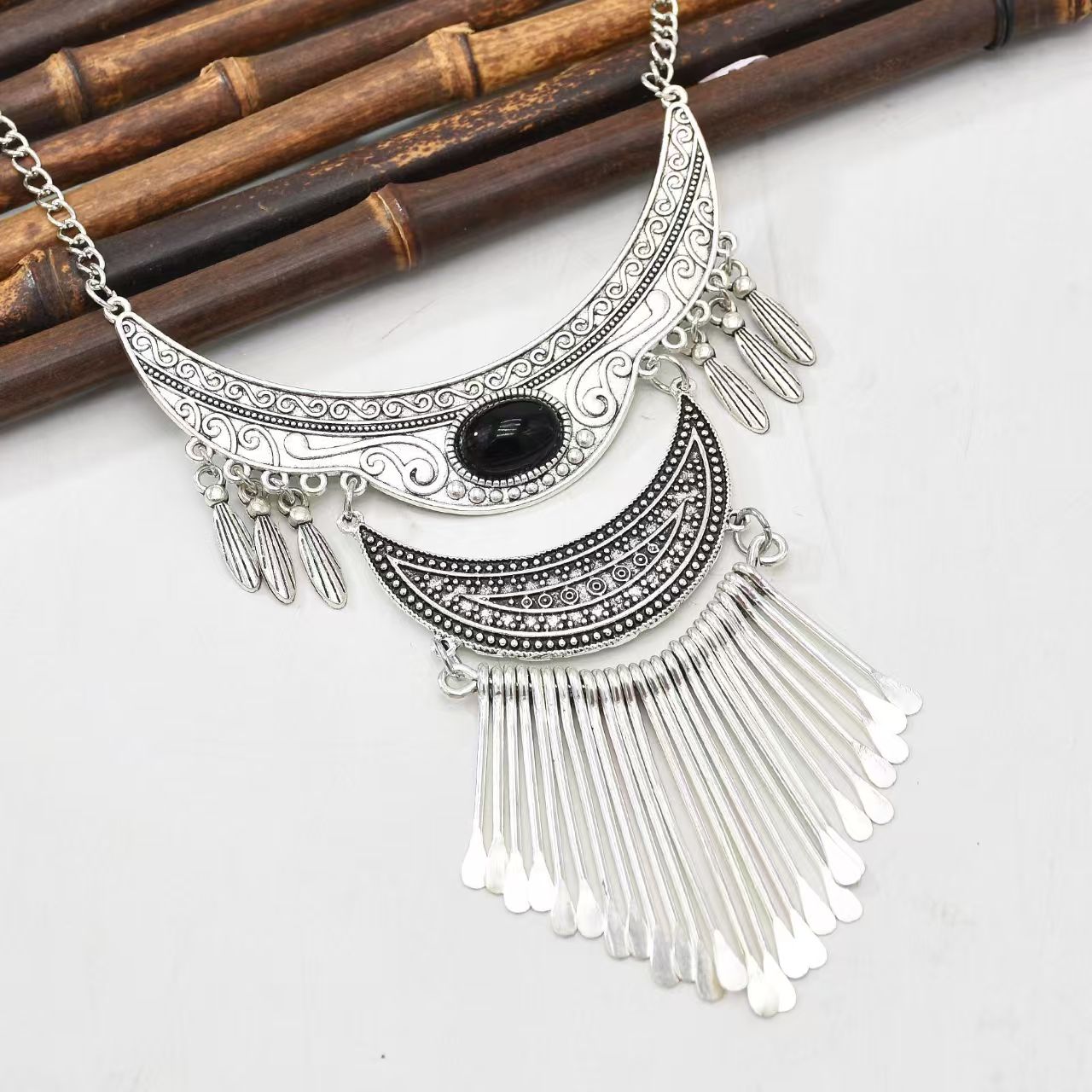 Bohemian Alloy Moon Tassel Necklace