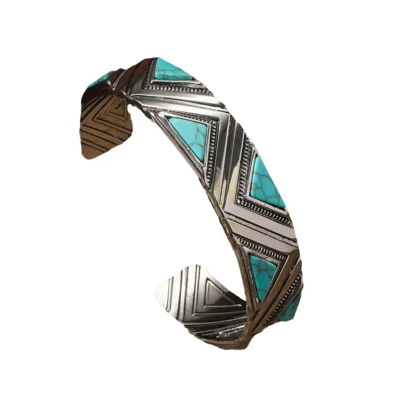Triangle Carved Geometric Cuff bracelet with turquoise