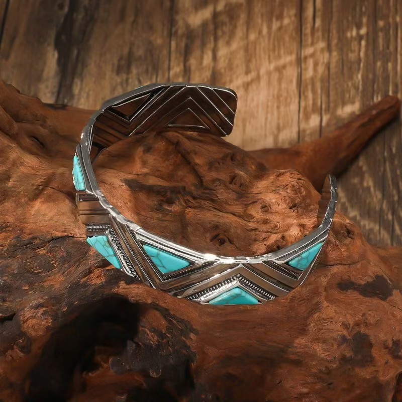 Triangle Carved Geometric Cuff bracelet with turquoise
