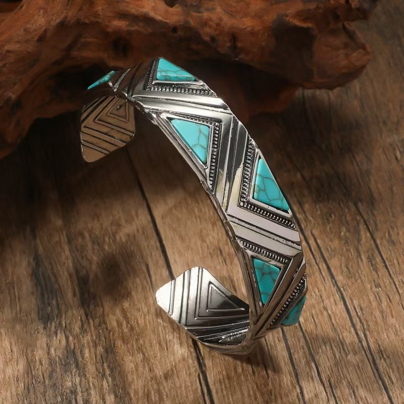 Triangle Carved Geometric Cuff bracelet with turquoise