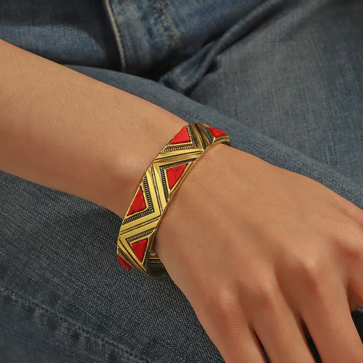 Triangle Carved Geometric Cuff bracelet with turquoise