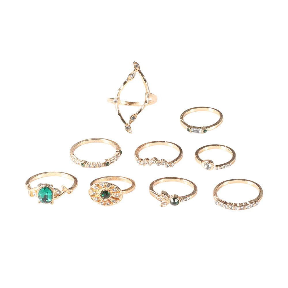 Green Diamond 9pcs Hollow Crystal Alloy Ring Set