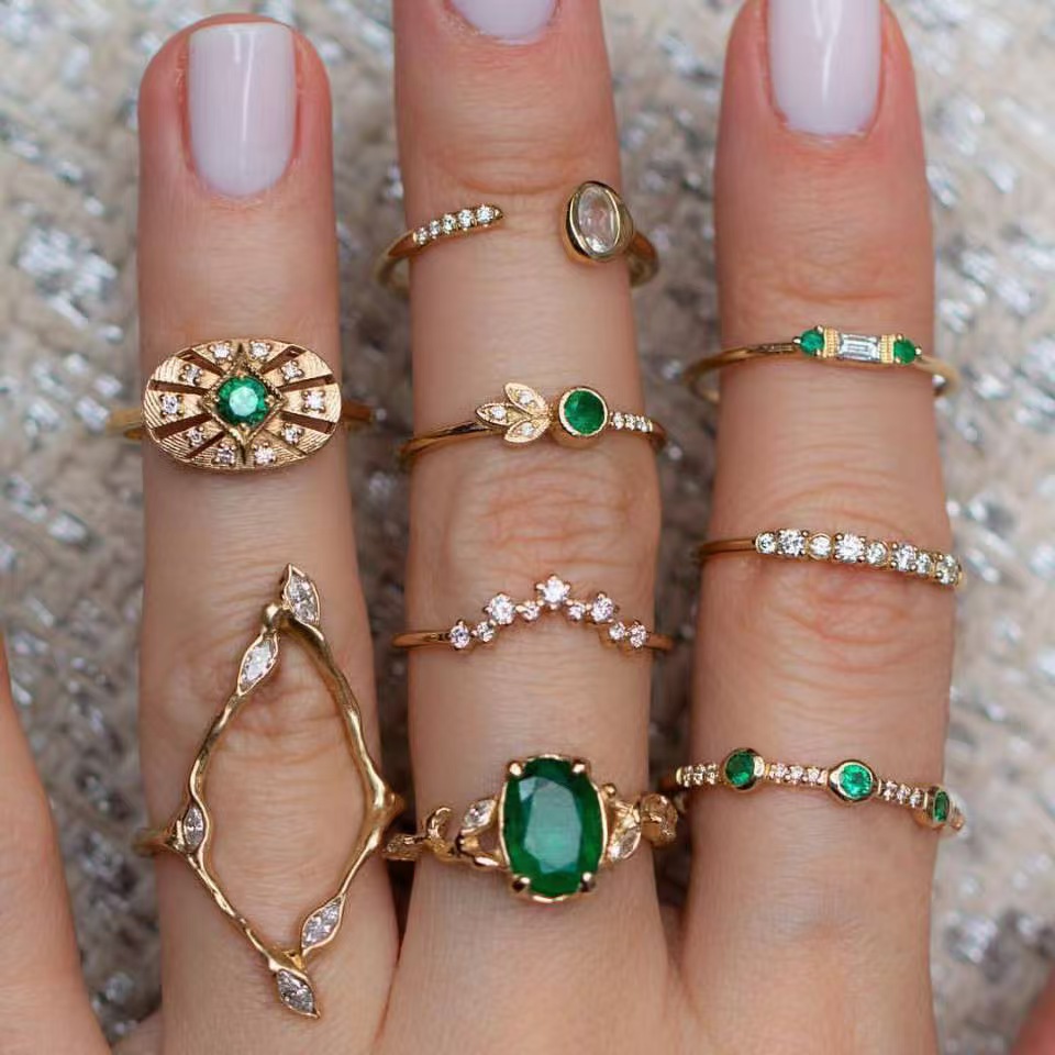 Green Diamond 9pcs Hollow Crystal Alloy Ring Set