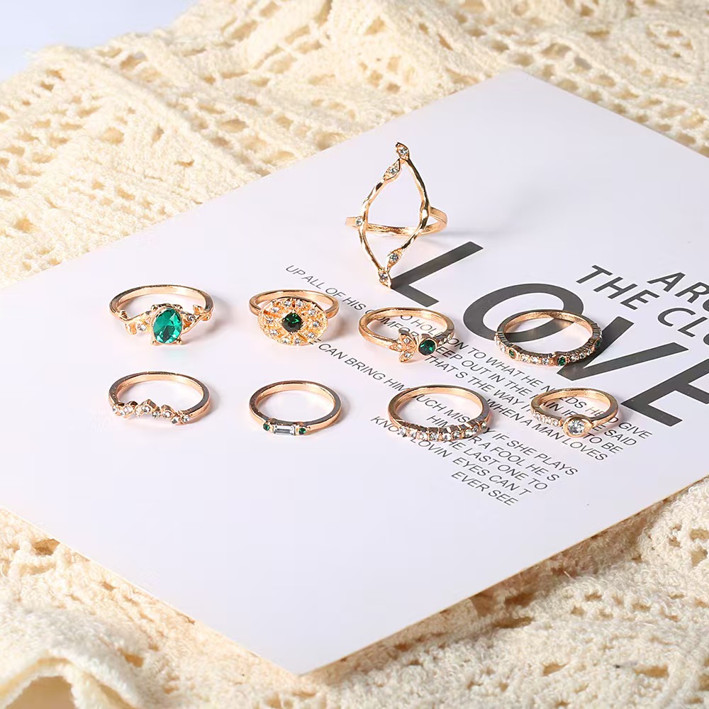Green Diamond 9pcs Hollow Crystal Alloy Ring Set