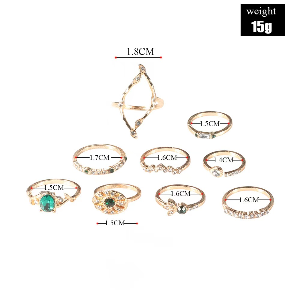 Green Diamond 9pcs Hollow Crystal Alloy Ring Set