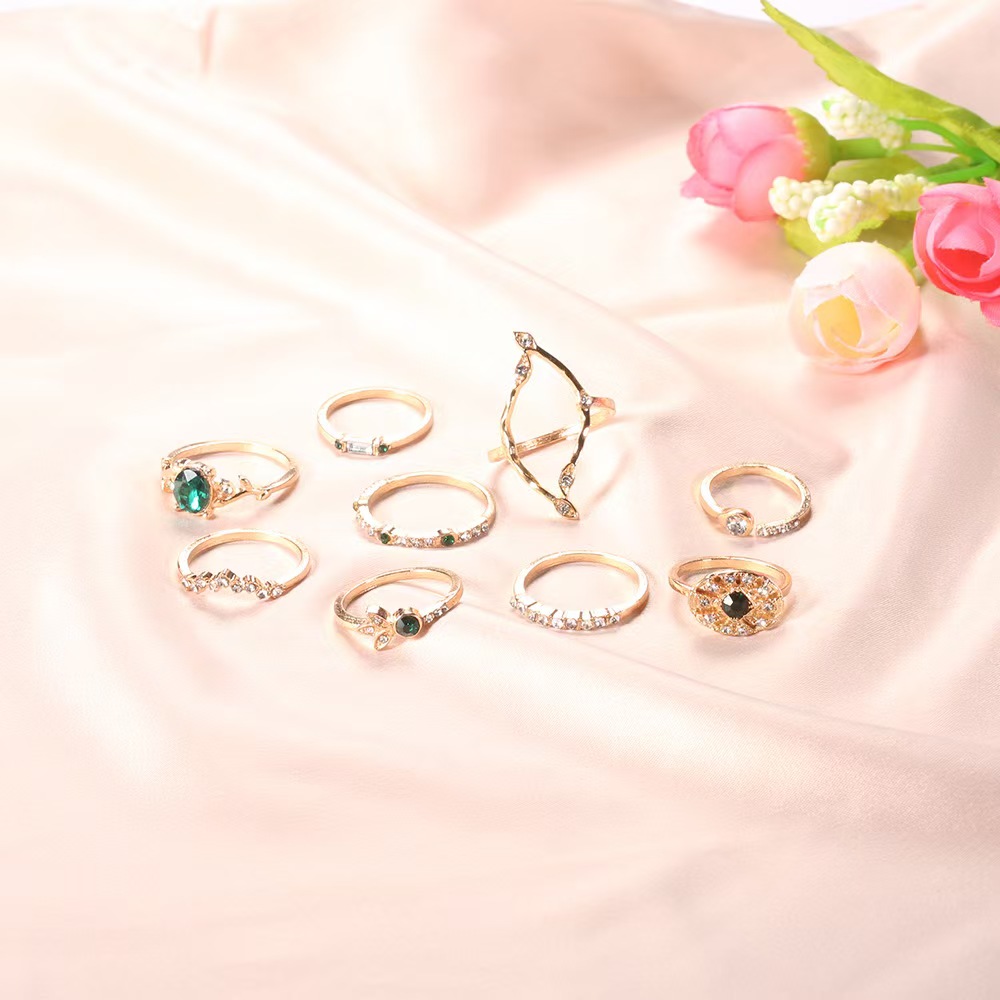 Green Diamond 9pcs Hollow Crystal Alloy Ring Set