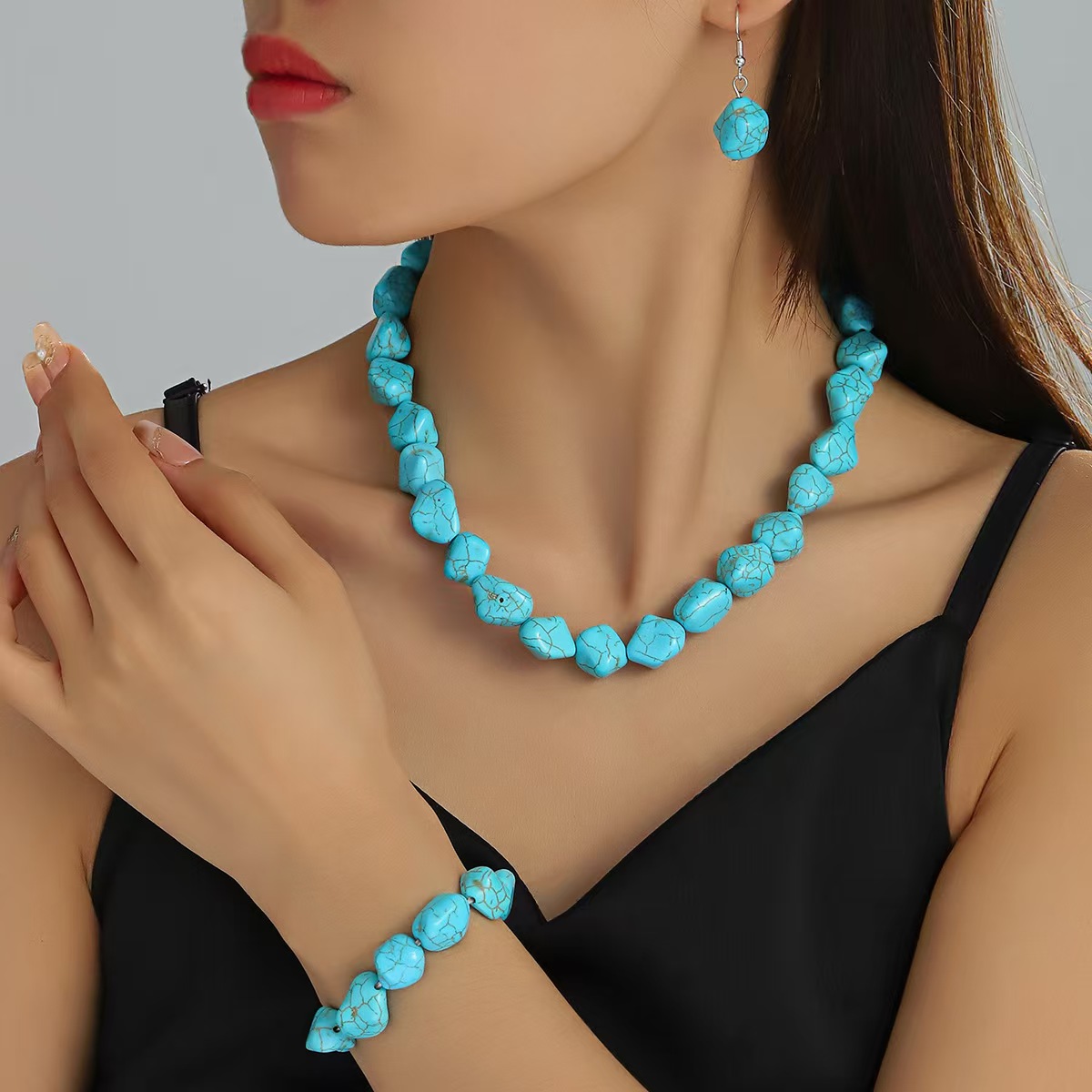 Turquoise Beaded Necklace Earrings Bracelet Set