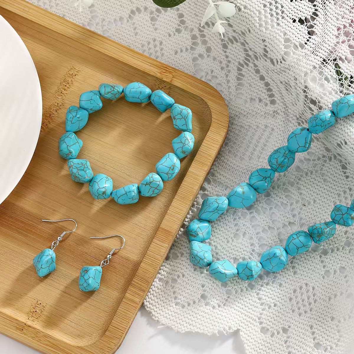 Turquoise Beaded Necklace Earrings Bracelet Set