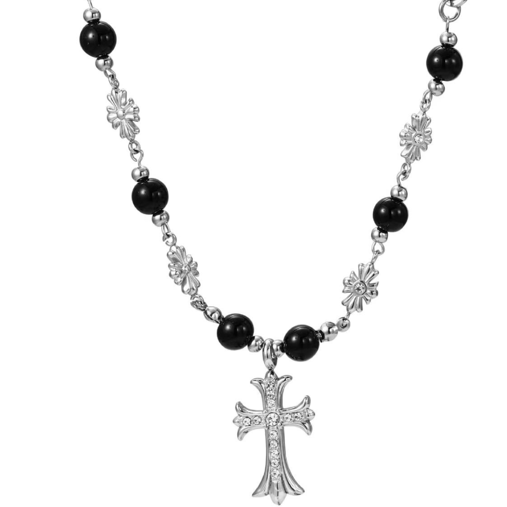 vintage black beaded titanium steel cross pendant necklace