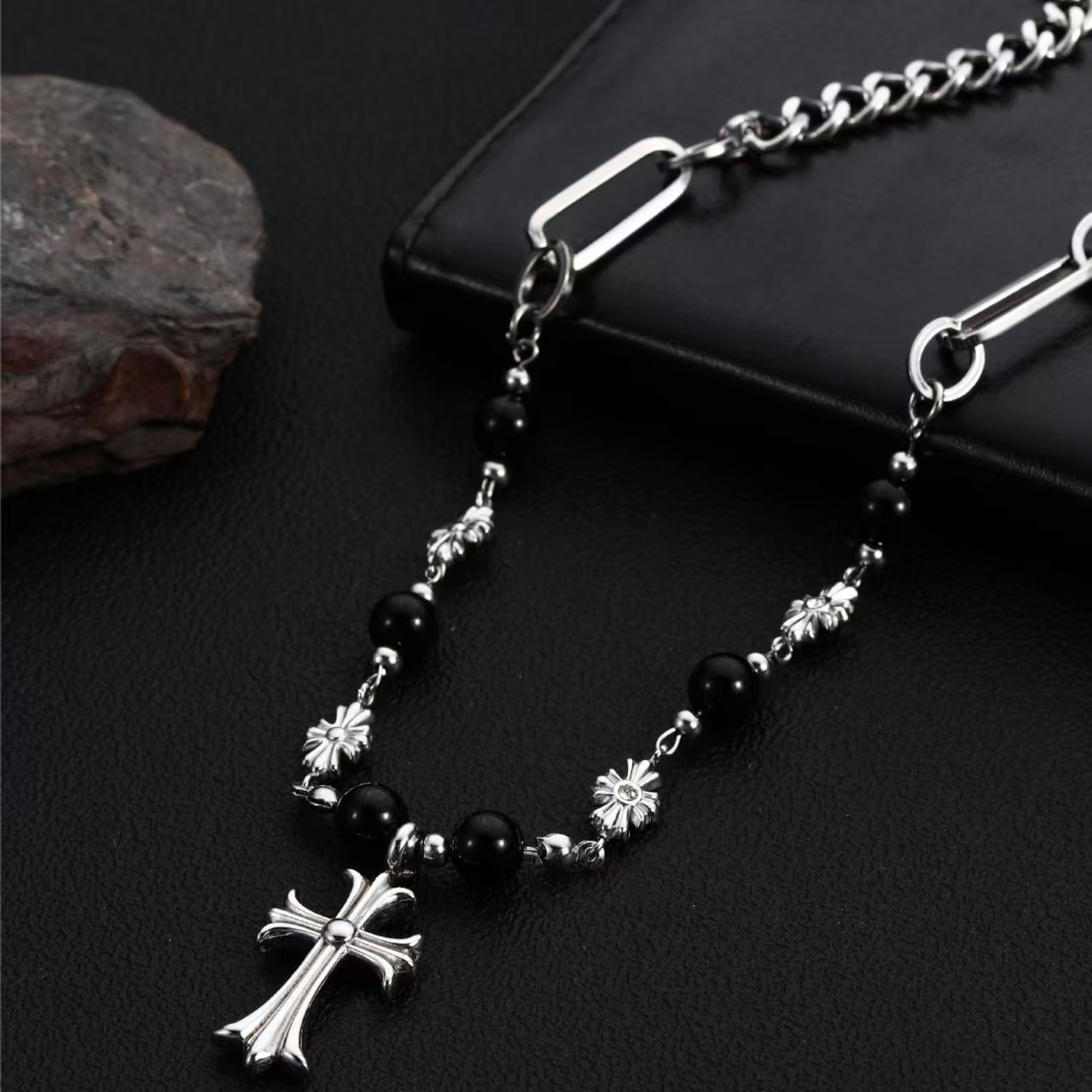 vintage black beaded titanium steel cross pendant necklace