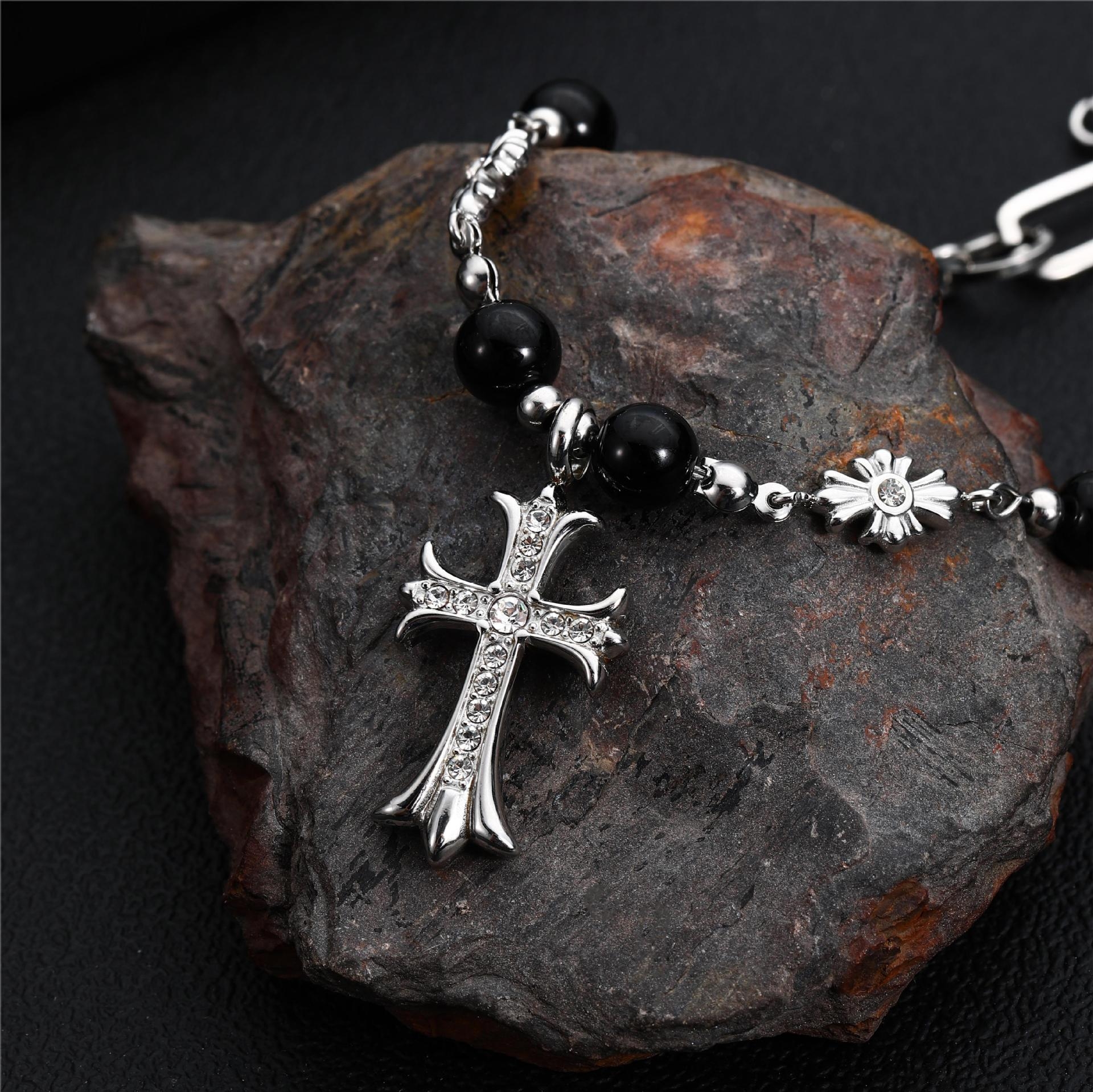 vintage black beaded titanium steel cross pendant necklace