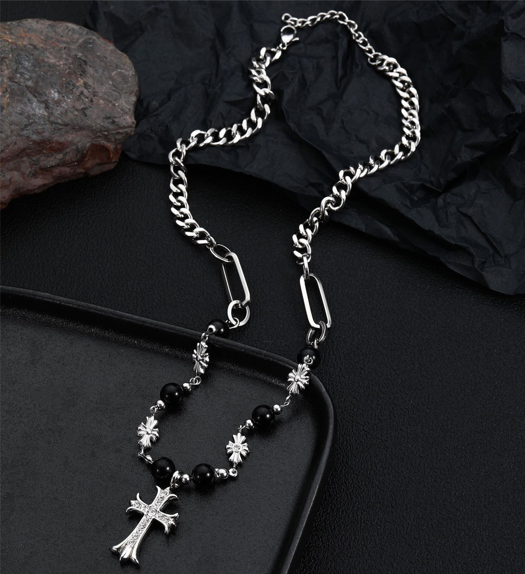 vintage black beaded titanium steel cross pendant necklace