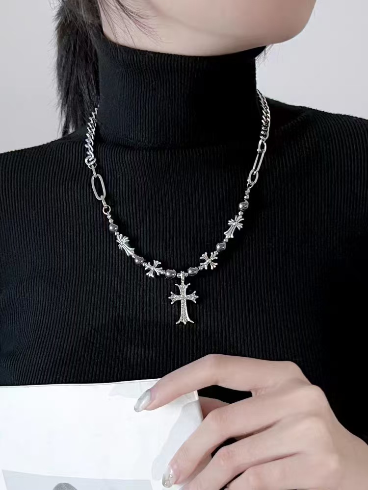 vintage black beaded titanium steel cross pendant necklace