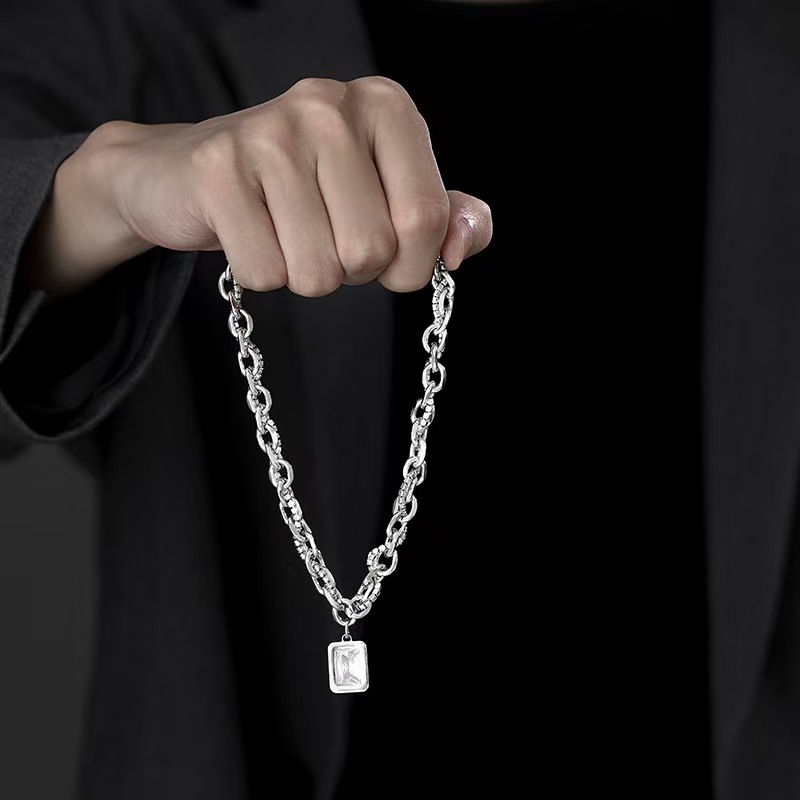 Unique Mens Zircon Charm Stainless Steel Necklace