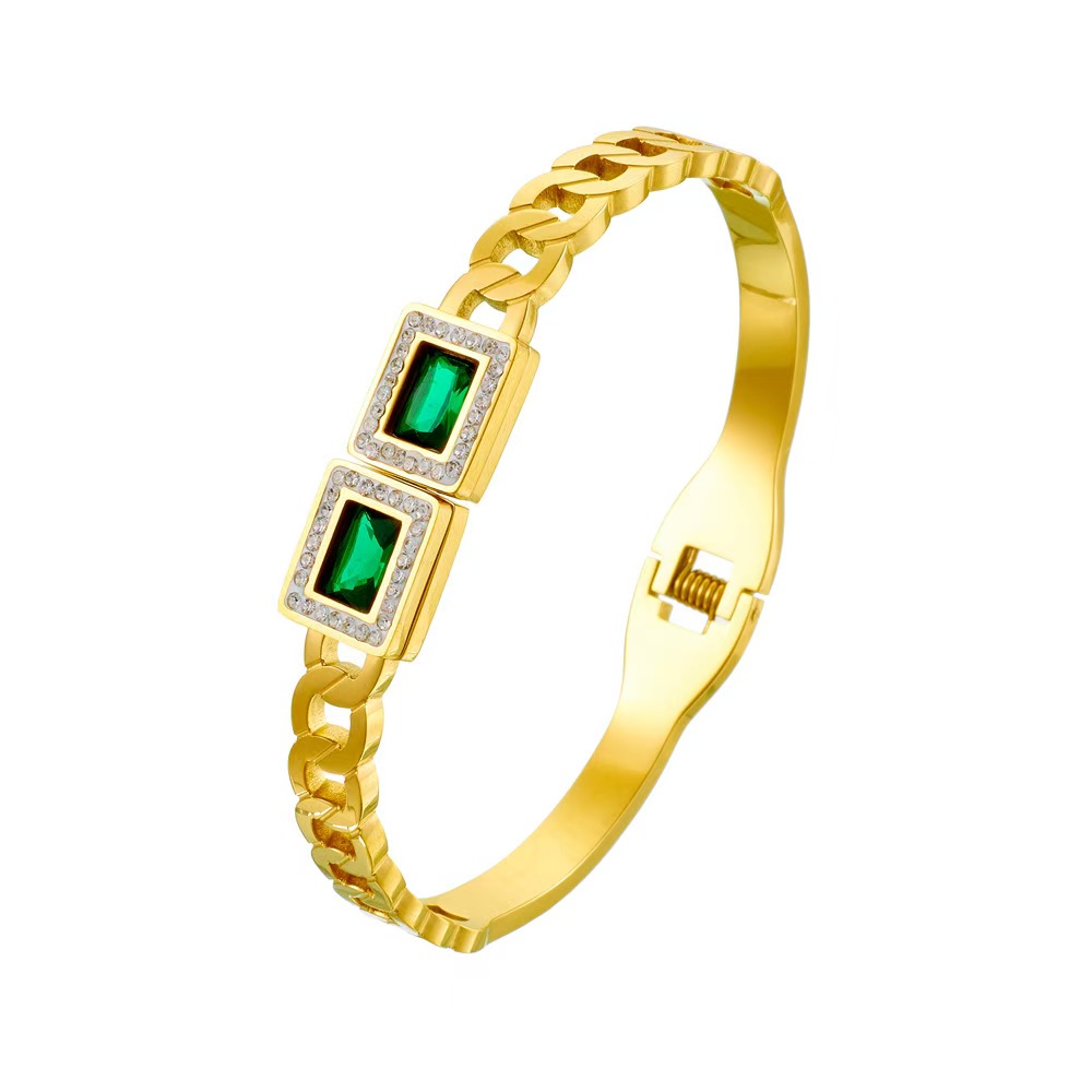 Trendy Retro-Inspired Emerald Zircon Stainless Steel Bracelet 