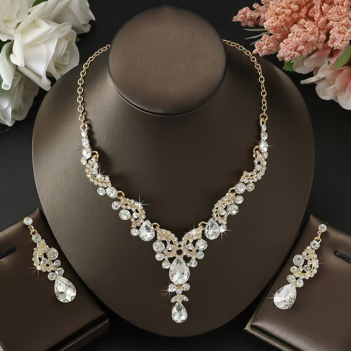 Rhinestone Teardrop Bridal Necklace and Earring Set