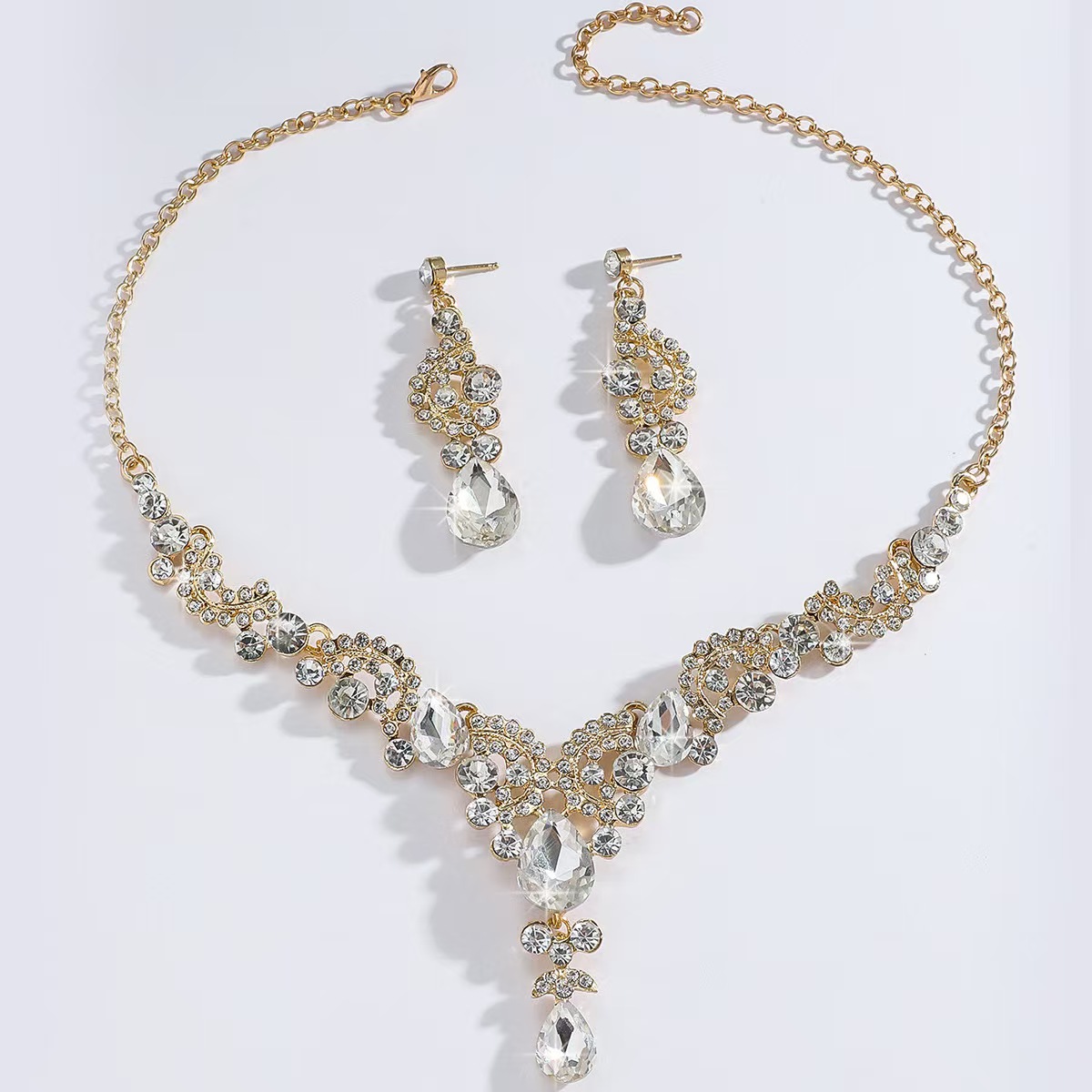 Rhinestone Teardrop Bridal Necklace and Earring Set