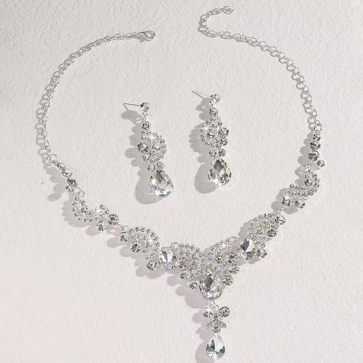 Rhinestone Teardrop Bridal Necklace and Earring Set