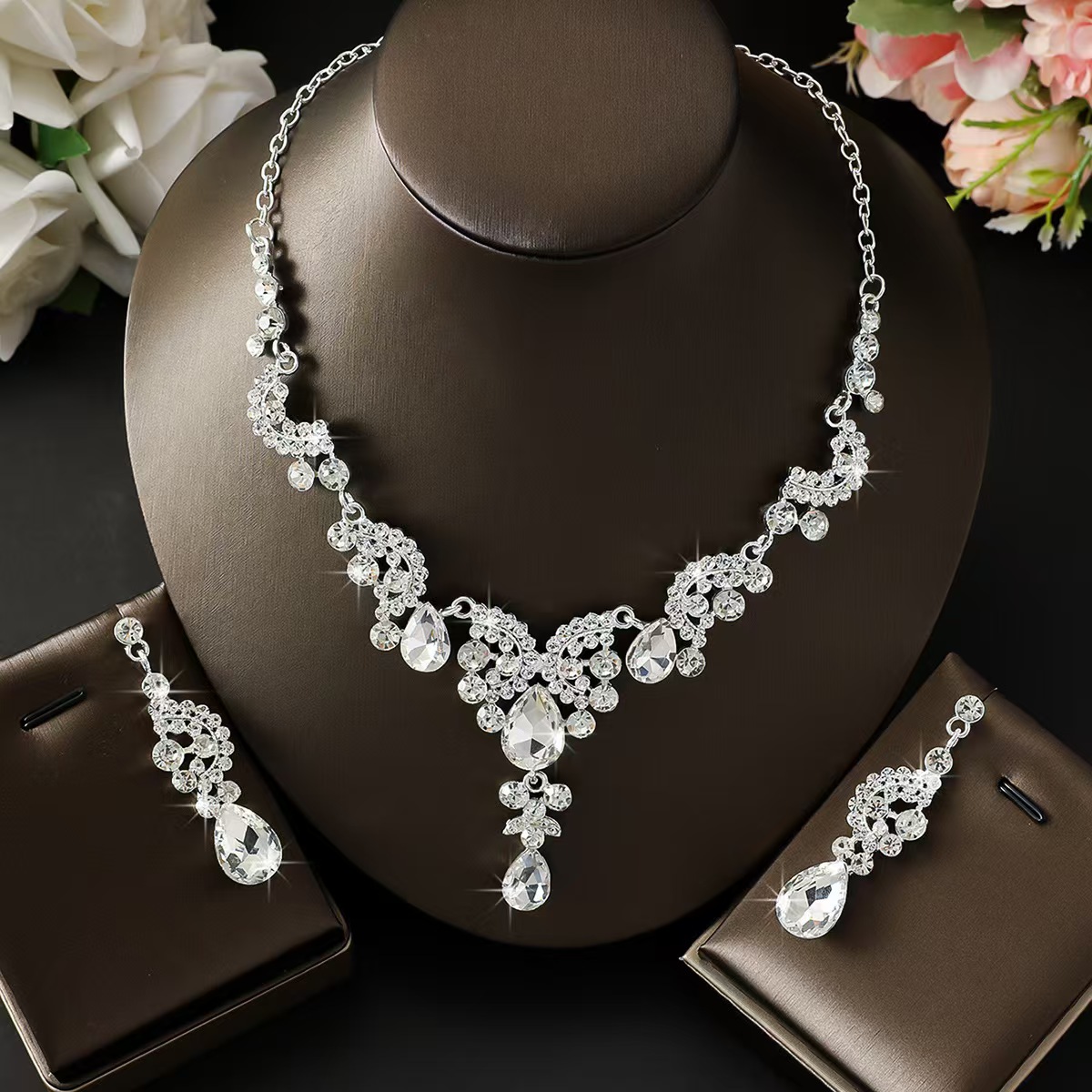 Rhinestone Teardrop Bridal Necklace and Earring Set