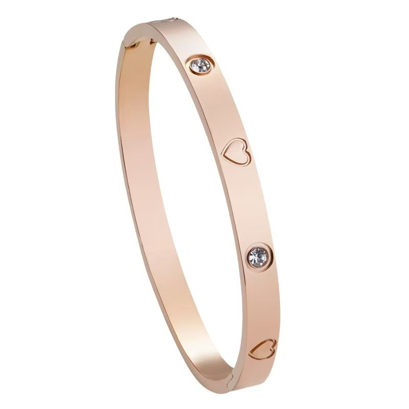 Light Luxury Spaced Heart Diamond-Accented Titanium Steel Open Bangle