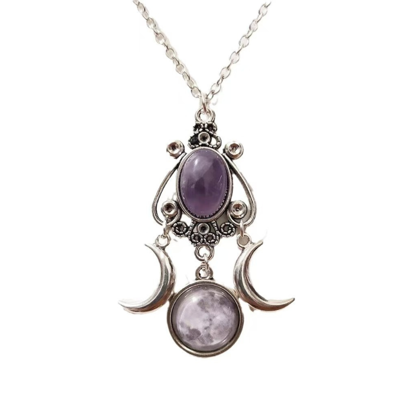 Triple Moon Goddess Amethyst Necklace