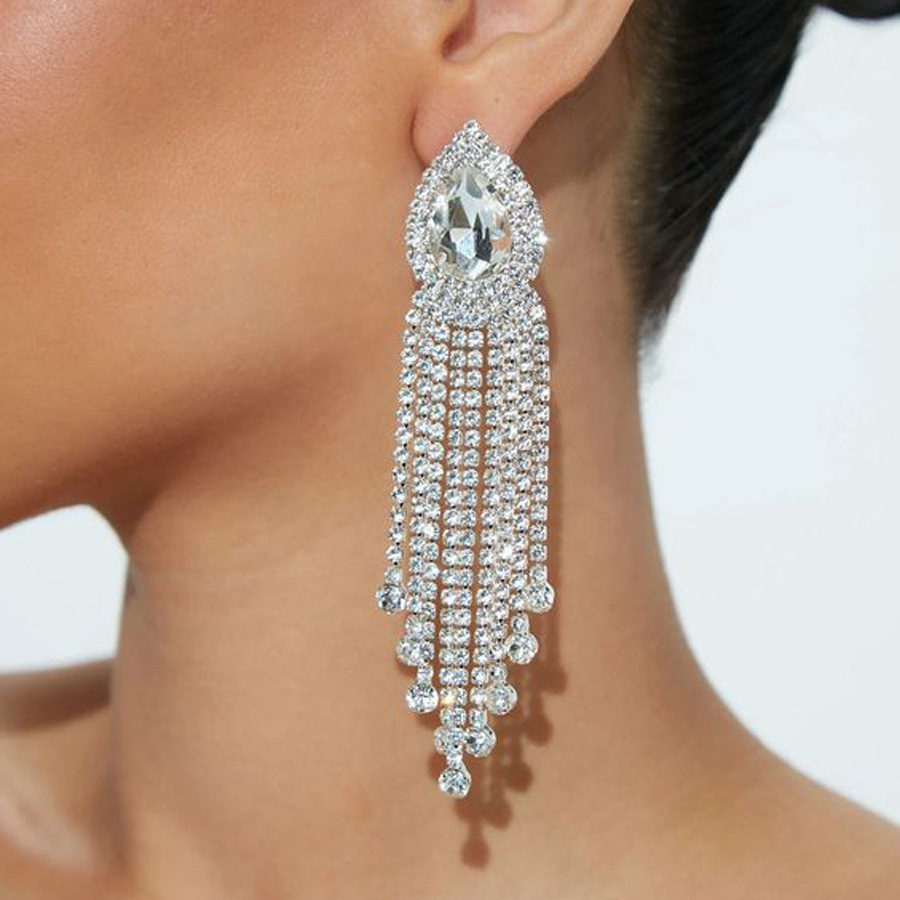 Popular Geometric Oval Tassel Drop Earrings - Silver, Minimalist Style