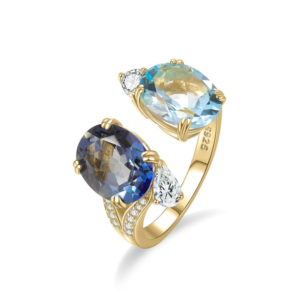 S925 Sterling Silver Natural Large-Carat Topaz Adjustable Open Band Statement Twin Topaz Rings