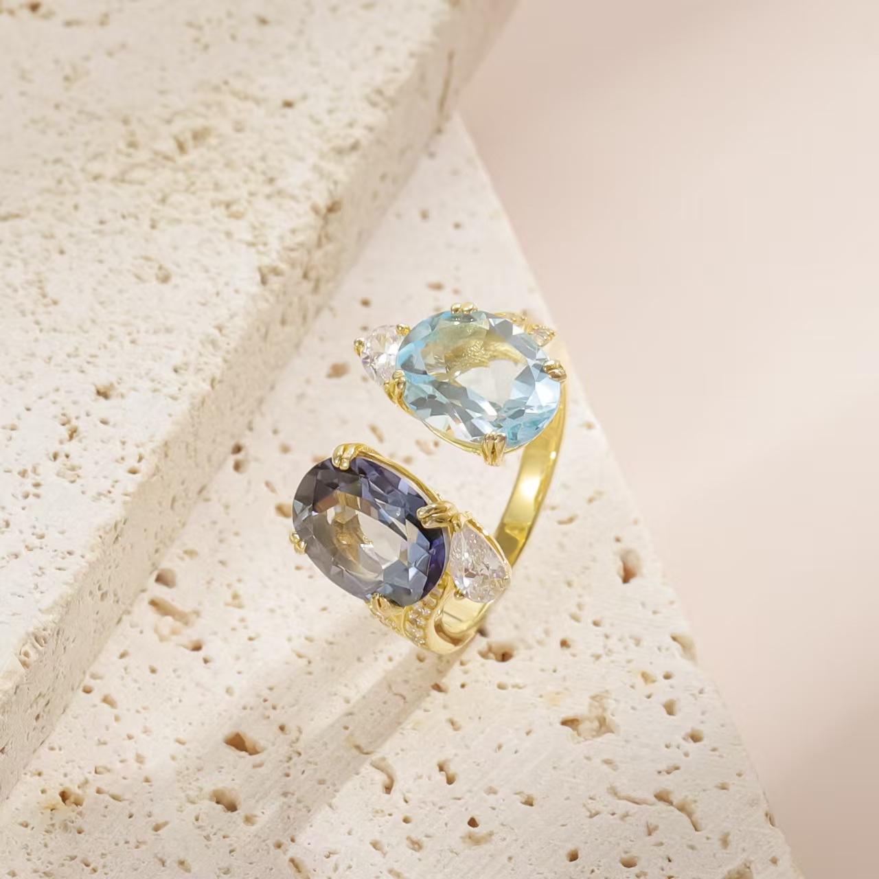 S925 Sterling Silver Natural Large-Carat Topaz Adjustable Open Band Statement Twin Topaz Rings