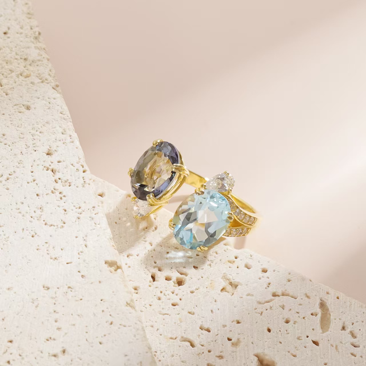 S925 Sterling Silver Natural Large-Carat Topaz Adjustable Open Band Statement Twin Topaz Rings